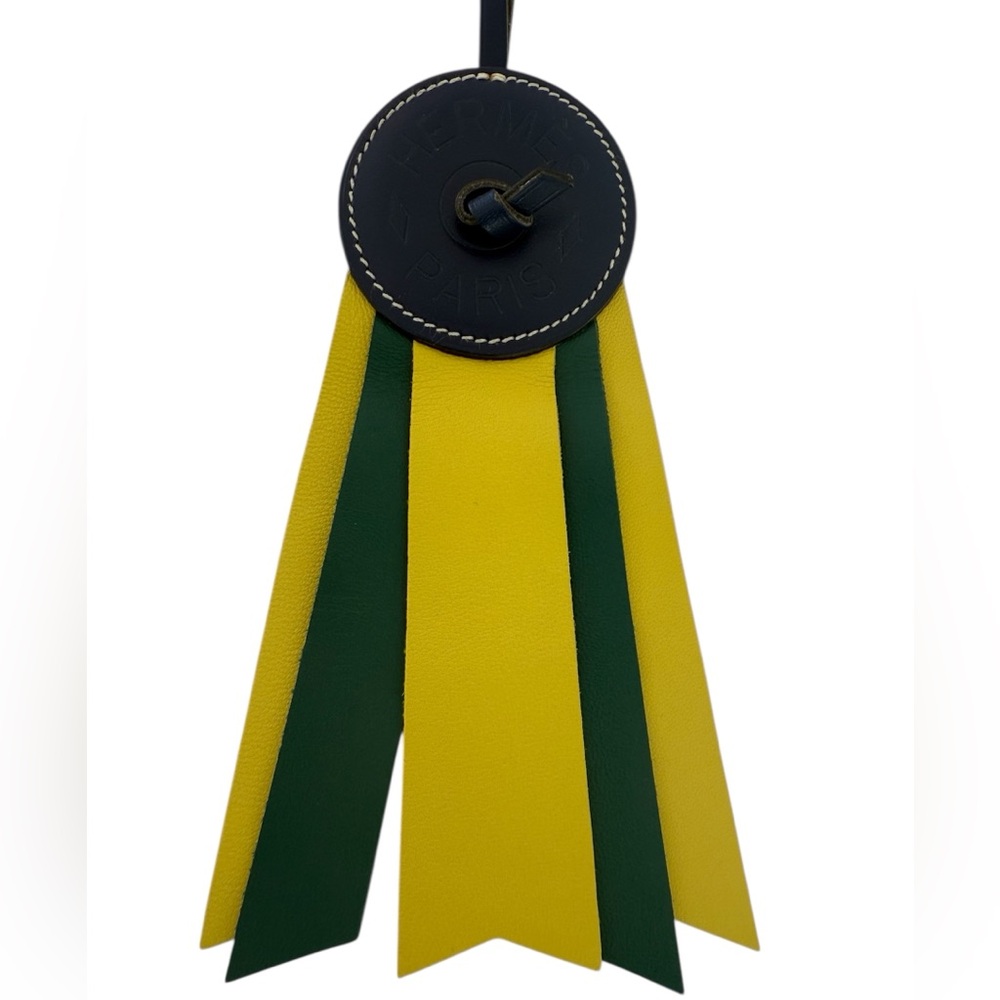 Authentic Hermes Leather Paddock Ribbon Flot Yellow & Green Bag Charm